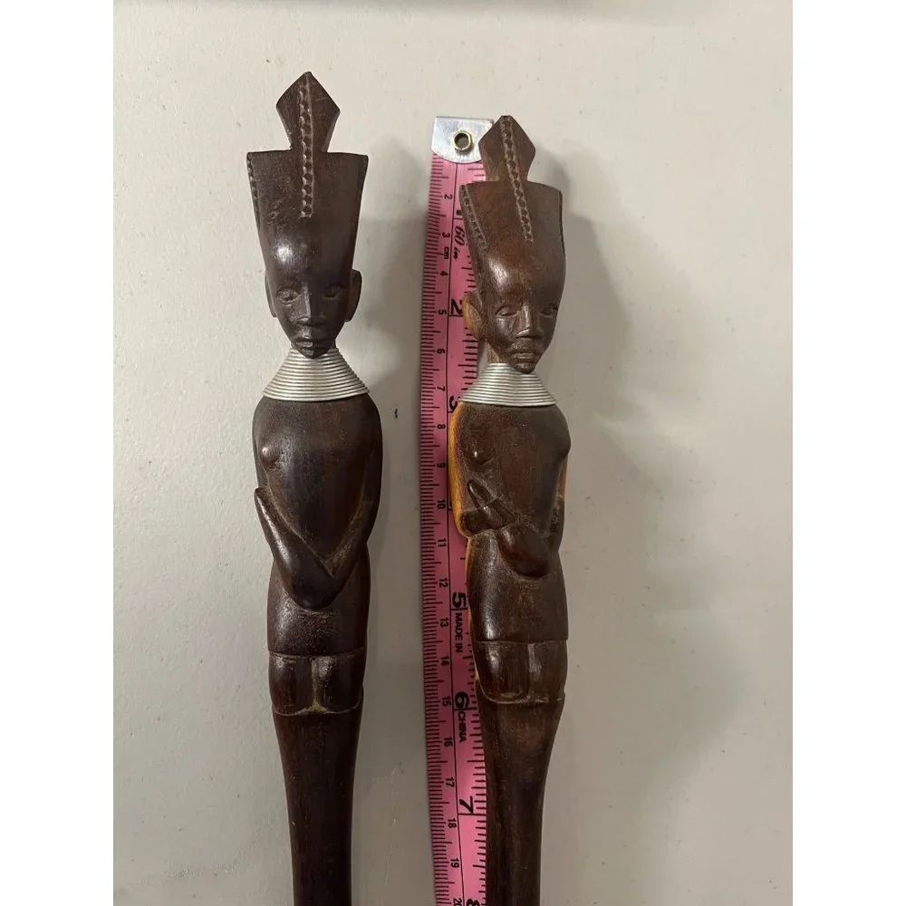 VINTAGE African Folk Art Fork and Spoon Hand Carved Wood Salad Set